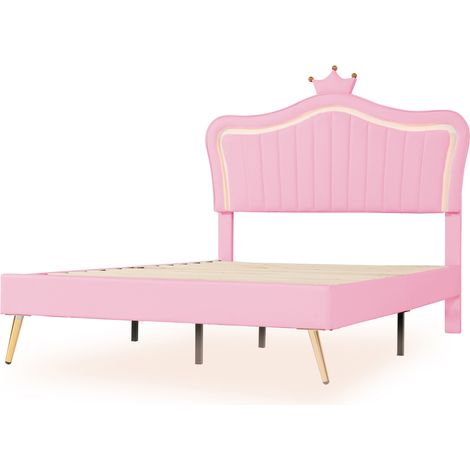Cama infantil tapizada rosa 140 x 200 cm con LED, cabecero en forma de corona (1/5)