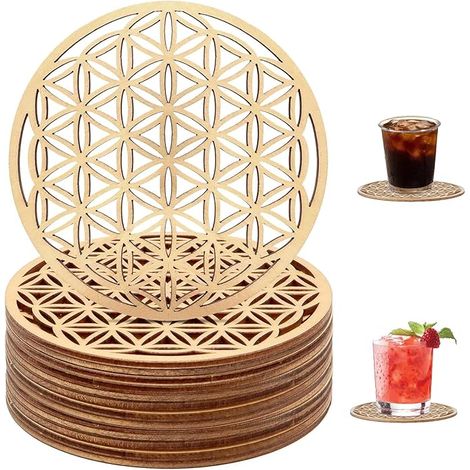 Fleur de Vie Dessous de Verre Bois 10CM Creuser sous-Verres Bois Décoration (1/5)