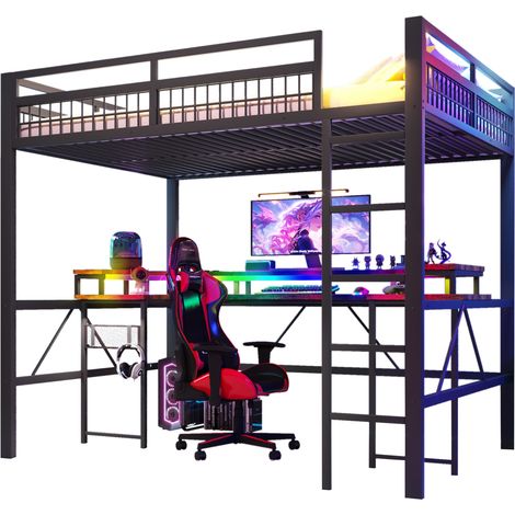 Lit mezzanine 140 x 200 cm avec bureau, LED RGB à réglage via application, USB-C, USB et prises, panneau perforé, structure métal MDF noir - CHICFURN (1/5)
