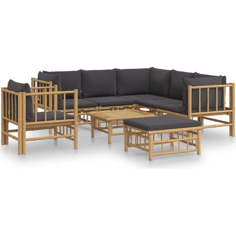 Salon de jardin 8 pcs avec coussins gris foncé bambou (1/5)