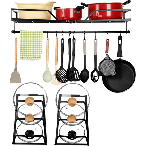1 Support 3-en-1 Ustensiles, Étagère Murale Fer, Rail Détachable, 10 Crochets, Pour Cuisine