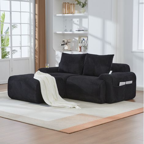 Sofá modular 2 plazas de pana negra con portavasos y bolsillo lateral, 200x174x80 cm (1/5)