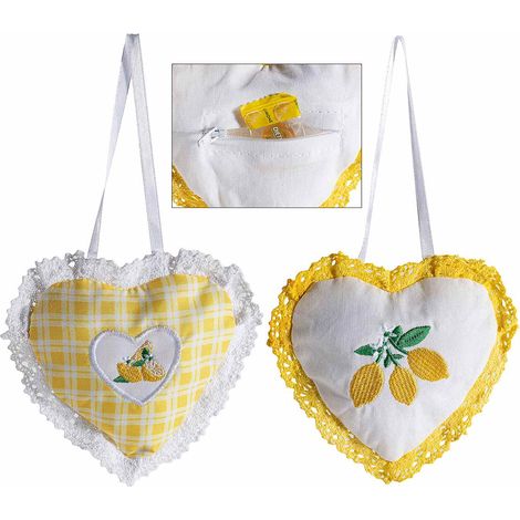 Sacchetti in cotone a cuore con ricamo limoni e taschina porta sacchetti / oggetti da appendere, set da 20 pezzi, cm 13,5 x 13 H