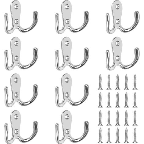 10 ganchos de pared dobles con 20 tornillos, estilo vintage, para cocina, baño, inodoro, color plateado (1/5)