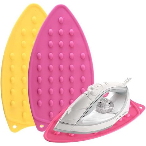 Lot de 2 tapis de repos en silicone épais résistant à la chaleur pour planche à repasser, support portable en caoutchouc avec trou mural (rose + jaune) (1/4)
