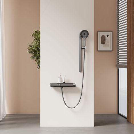 EMKE Duschsystem mit Thermostat 40cm Ablage Chlor-Filter, Flexible Brausehalterung, Kindersicherung Anthrazit