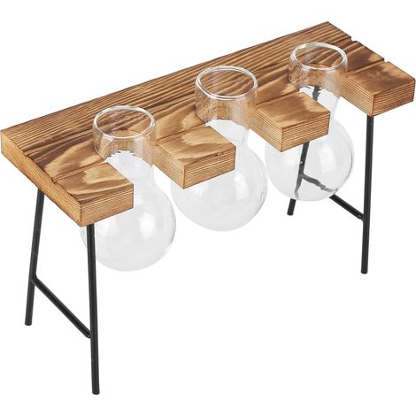 Pot de fleurs de bureau en verre avec support en bois, vase en verre pour plantes hydroponiques, idéal pour la maison, le bureau et le jardin (3 bouteilles) (1/5)