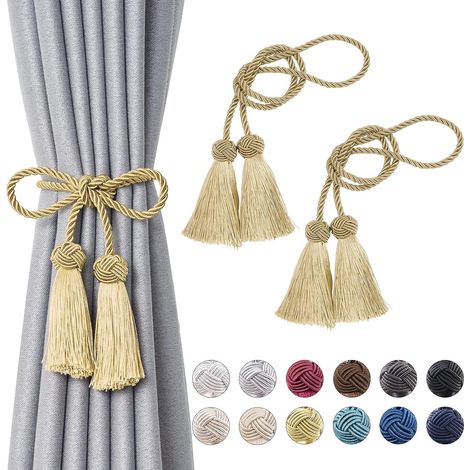 Lot de 2 embrasses de rideaux à pompons doubles en corde tressée faites à la main - Style européen - Pour décoration de fenêtre de maison et de bureau (Or) (1/5)