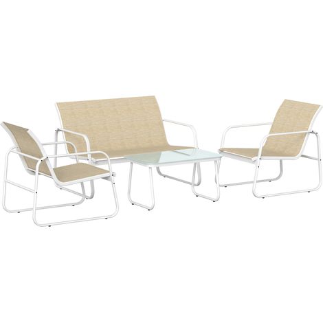 Set 4 Pezzi da Giardino con Divano 2 Poltrone e Tavolino in Texteline Cachi e Bianco (1/5)