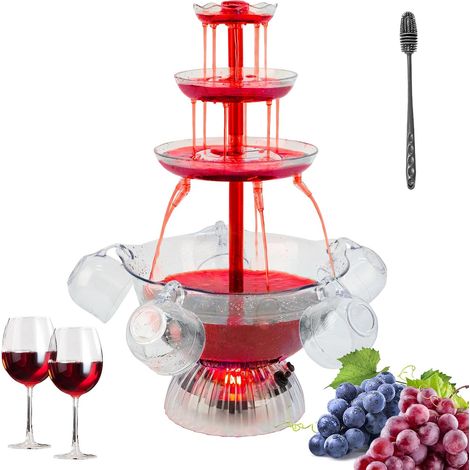 Fontaine de fête transparente à 3 niveaux, fontaine de fête à vin rouge avec 5 tasses pour boissons au vin liquide, base éclairée par LED, placement stable, pour jeux à boire, bar, fête d'anniversaire (1/5)