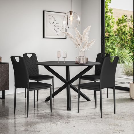 Malvern Round Dining Table And Chairs - Black Table Top w Solid Oak Black Legs + Monza Faux Leather Dining Chair Set Of 4 (Black) (1/5)