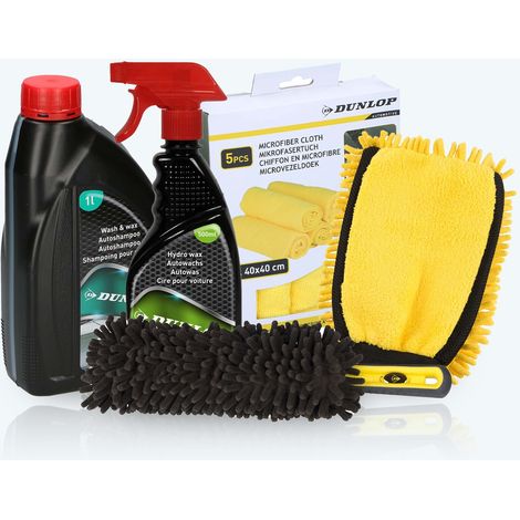 Dunlop Kit Lavage Auto Complet - Shampoing 1L + Cire Wax 500ml + 5 Microfibres + Gant de Lavage + Brosse Jantes (1/5)