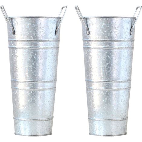 2 pièces Vase en métal galvanisé grands seaux à fleurs avec poignées Vases de ferme Vintage argent mat 2 paquets (1/5)