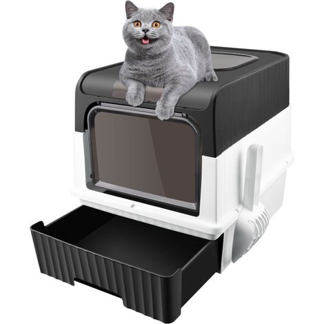 Maison de Toilette pour Chat - Bac à Litière Fermé - Compartiment Inférieur Amovible pour un Nettoyage Facile - Pelle à Litière et Boîte de Sac Désodorisant Inclus - 49cm x 37cm x 35 cm - Noir (1/5)