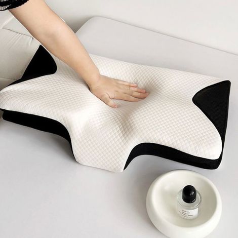 Oreiller cervical 2 en 1 en mousse à mémoire de forme, aide au sommeil à rebond lent, ergonomique, noir et blanc (1/4)