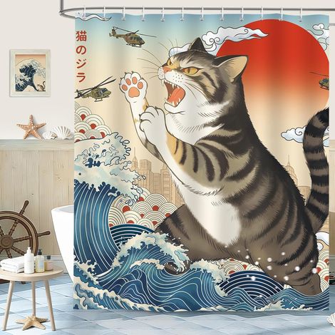 Drôle Chat Rideau de Douche 180x180 cm Hélicoptère Coucher de Soleil Océan Vague Rideaux de Baignoire Tissu Polyester Imperméable pour Salle de Bain Lavable en Machine avec 12 Crochets (1/5)