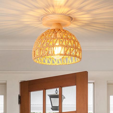 Rétro Plafonnier en Bois et Bambou Lustre Industriel E27 Luminaire Abat-Jour Design Spirale Cage Lampe Suspension Vintage LED Éclairage de Plafond pour Chambre Salon Entrée Couloir Café (20cm) [Classe (1/5)