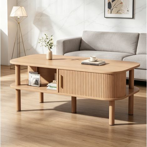 Table basse rectangulaire 110x55x45 cm en MDF avec rangement, couleur bois, REDOM (1/5)