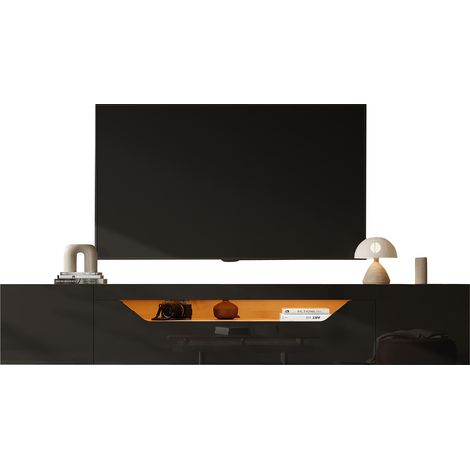 180×37×36 cm Meuble TV suspendu avec 3 compartiments, lowboard mural brillant avec éclairage LED, table TV murale, adapté aux téléviseurs jusqu’à 75 pouces, noir et bois naturel (1/5)
