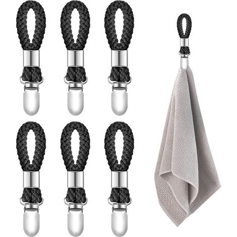 Crochets porte-serviettes - Pinces porte-serviettes - Pinces métalliques pour torchons et essuie-mains - Avec boucle en coton tressé - Pour la cuisine et la salle de bain - Lot de 6 - Noir (1/5)