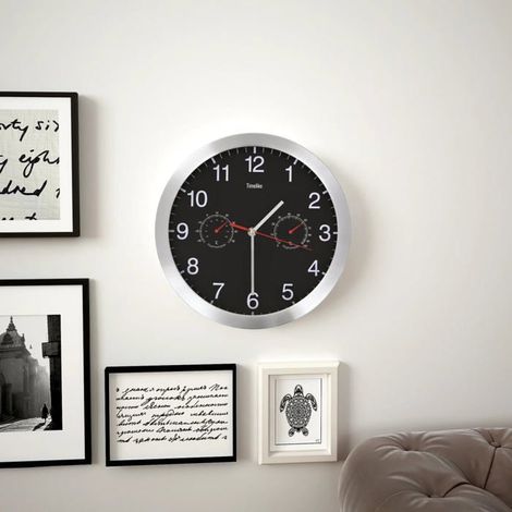 vidaXL Horloge Murale à Quartz Hygromètre Thermomètre Noir Pendule de Cuisine 50624 (1/5)