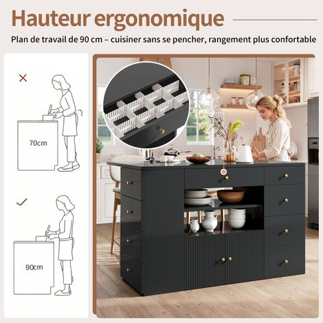 Îlot de cuisine, planche à découper avec des pieds bas, armoire de cuisine avec 6 tiroirs et des pieds bas. La largeur peut être ajustée : 140×40 (70)×89 cm. Couleur : blanc/noir. (1/5)