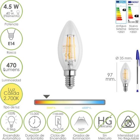 Bombilla Led Filamento Vela Rosca E14. 4,5 Watt. Equivale A 40 Watt. 470 Lumenes. Luz Cálida (2700º K.)