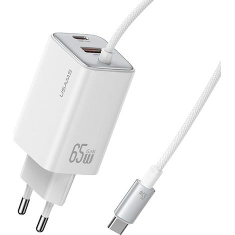 Chargeur mural GaN 65 W USAMS, charge rapide, 2 ports USB-C et USB-A, blanc (1/5)
