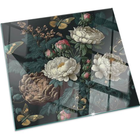 Glasplatte für Kaminofen Sicherheitsglas Schutzplatte Glasbodenplatte für Kamin Hitzeschutz für Kamin Funken Blumenmuster Quadratisch 50x50 cm