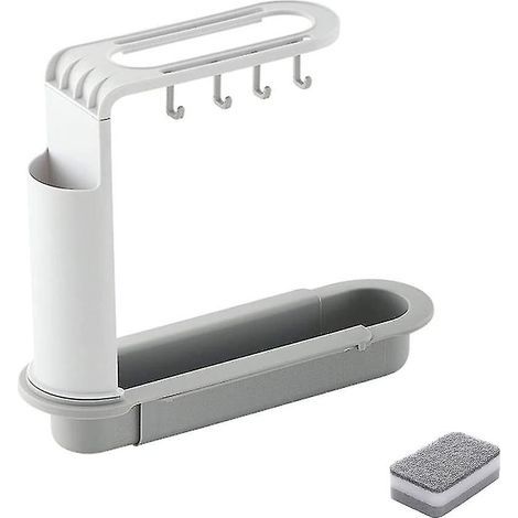 Teleskop-Spülbeckenablage, verstellbarer Geschirrabtropfkorb, Küchenspülen-Abtropfkorb mit Reinigungsschwamm (Grau) (1/5)