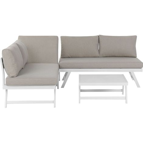 Beliani – Salon de jardin modulable en aluminium blanc – 5 places – Coussins taupe – Dossier réglable – Table basse 65x65cm – Résistant aux intempéries (1/5)