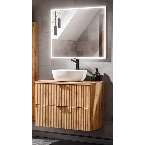 Badezimmermöbel Set Wotaneiche Rillenoptik ADELAIDE-56 LED-Spiegel & Waschtisch mit Keramikbecken, B/H/T 83/200/46,5 cm (1/5)