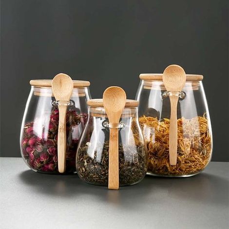 Juego de 3 piezas: Azucarero con tapa y cuchara,tarro de cristal con cuchara y tapa,tapa de madera,salero (350 ml,600 ml,1000 ml) (1/5)