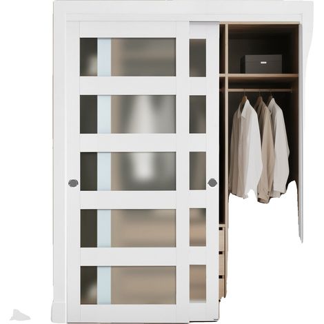 Puerta corredera VEVOR, 1829 mm x 2032 mm, 3 paneles de vidrio esmerilado, madera maciza, MDF, PVC impermeable, puerta de armario-b, 60 x 80 pulgadas. (1/2)