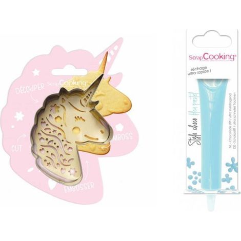 Kit pour biscuit en relief Licorne + Stylo au chocolat bleu pastel