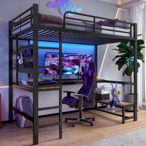 Letto a soppalco 90x200 cm nero con scrivania integrata, senza materasso (1/5)
