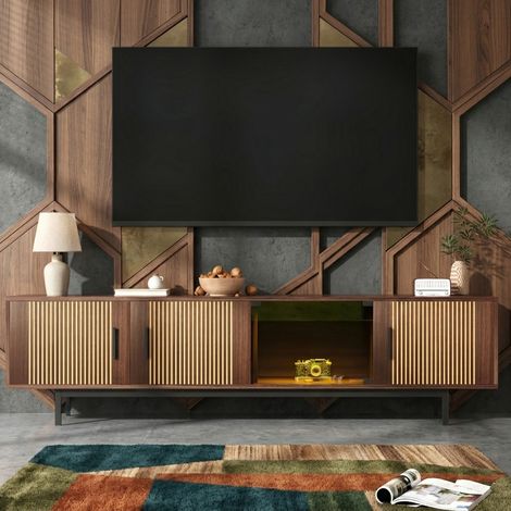 Meuble TV LED 200x35x53 cm, avec Porte en Verre Trempé, Lowboard, Meuble TV Bois avec Éclairage Contrôlable, Noir + Brun Noyer (1/5)