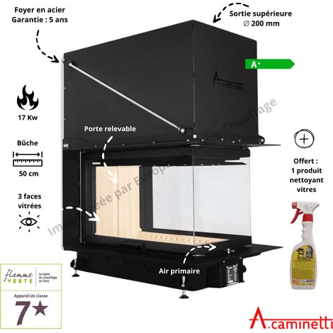 A Caminetti – Foyer à bois Crystal 3D Max – Insert cheminée 13-17 kW – Rendement 87% – Évacuation fumées diamètre 200 mm – Vitrage céramique 800°C (1/3)