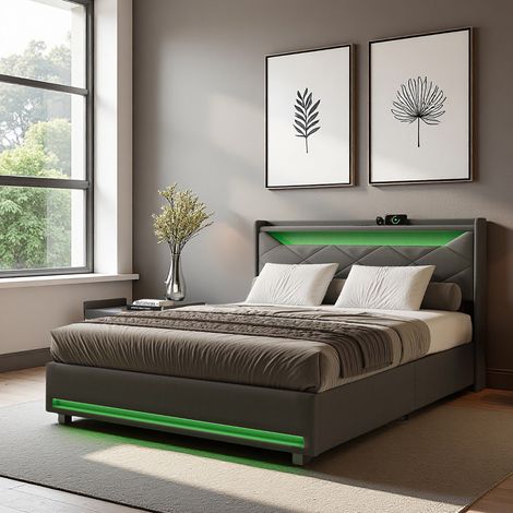 Letto 140x190 cm - tessuto in lino - USB e LED - rete a 12 doghe - letto contenitore 140x190 cm - Grigio (1/5)