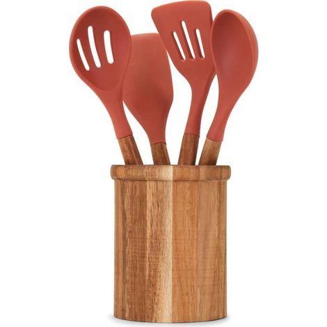 Set aus 4 Utensilien - LIVOO - MES153 - Topf und FSC Akazienutensilien - aus Silikon 31 cm - Topf 15 x 12 cm