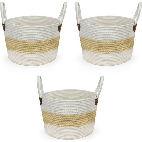 Paniers de rangement en corde blanche et beige avec poignées, 33 x 33 x h 33 cm, lot de 3