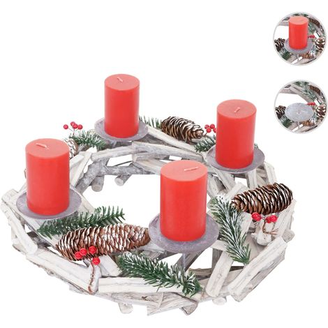 Couronne de l'Avent ronde, décoration de Noël, bois, Ø 40cm, blanc / gris - avec des bougies, rouge (1/5)