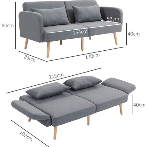 Canapé 3 places convertible gris, 170x83x80 cm, dossier réglable 3 positions, pieds ajustables, ressorts ondulés, coussins déco, aspect lin, salon moderne (1/5)