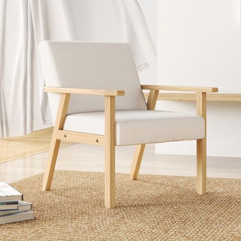 Chaise de salle à manger avec accoudoirs, cadre en bois massif, blanc crème, 64x70x72 cm