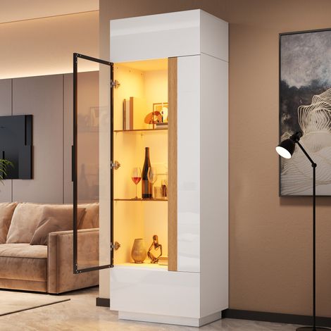 Vitrine haute 60x40x180 cm en panneaux de particules blanche, LED pour salon – MEUBLIV (1/5)