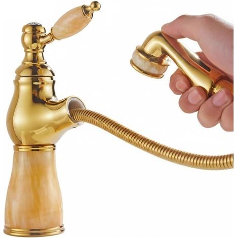 Single-hole basin mixer tap with pull-out spray head and single handle – Gold yellow, deck-mounted, hot/cold water