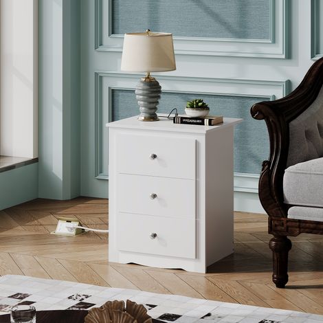 Table de chevet à 3 tiroirs avec station de charge, ports USB et prises de courant, table de rangement pour chambre, salon, bureau (1, blanc) (1/5)