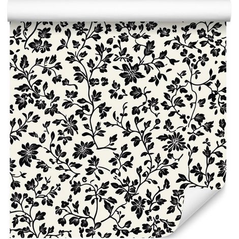 Papier peint à fleurs noires et blanches, gris, formes douces, 50 x 1000 cm (1/5)