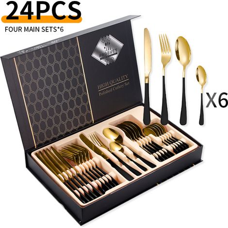 Ménagère 24 pièces en acier inoxydable – pour 6 personnes – acier inoxydable – noir/or (1/5)