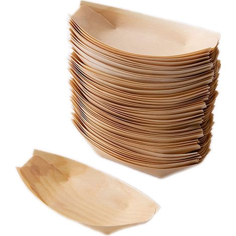 Assiettes Bateau Jetables - En Bois de Bouleau - 17,8 x 8,4 x 1,8 cm - Résistantes aux Liquides - Pour Apéritif ou Buffet - Lot de 100 (1/5)